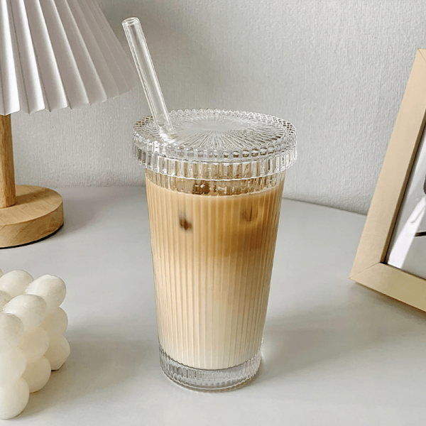 Drinksware Ridged Glass Cup with Straw - Living Simply House