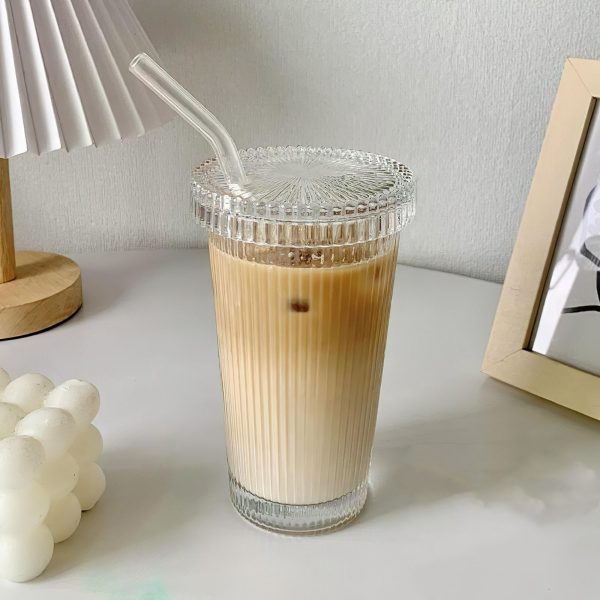 Drinksware Ridged Glass Cup with Straw - Living Simply House